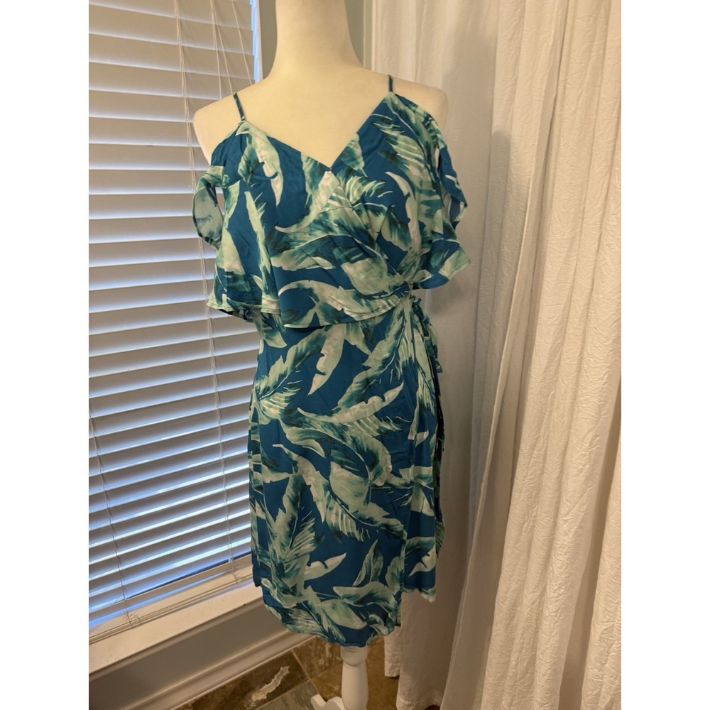 Gianni Bini Tropical Midi Wrap Dress Women Size Medium Aqua Summer Beach Cruise - Picture 2 of 16